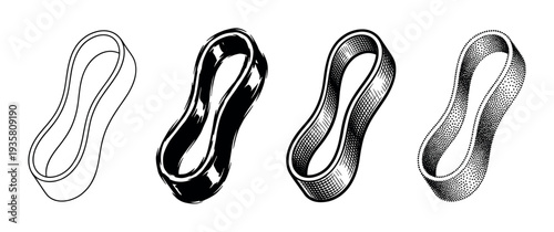 Fitness resistance loop bands illustrated in a set of four different black and white graphic styles including outline, solid ink, classic engraving, and stippling dotwork