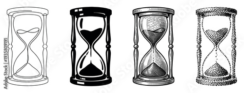 Collection of four hourglass illustrations showcasing different artistic styles like line art, silhouette, engraving, and pointillism, with heart and infinity symbols
