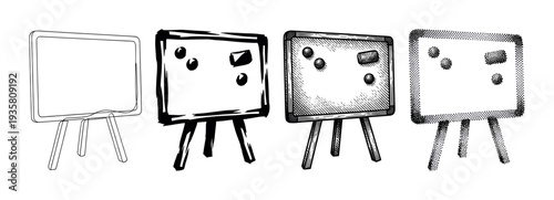 Four hand-drawn presentation whiteboards on easels showing a collection of artistic styles from simple line art to detailed hatching and stippling for creative concepts