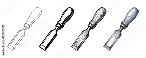 Set of four wood chisel illustrations showing different artistic styles including simple outline, bold graphic, detailed hatching, and stippling dotwork for carpentry