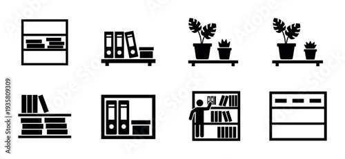 Set of black silhouette icons depicting bookshelves, office folders, and house plants for storage and organization concepts in a minimalist flat design style