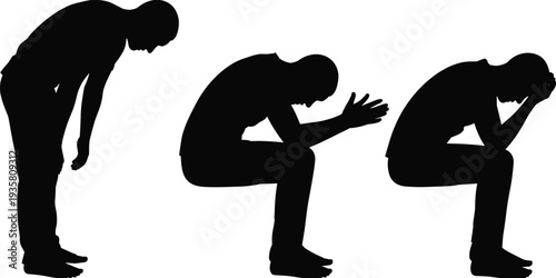 sad man silhouette poses, depressed person sitting and bending figure set, mental stress body language illustration