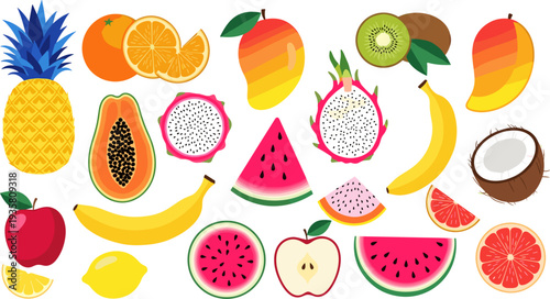 Colorful Tropical Fruit Icon Set Featuring Pineapple, Mango, Papaya, Dragon Fruit, Banana, Coconut, Watermelon, Apple and Citrus for Healthy Food Design