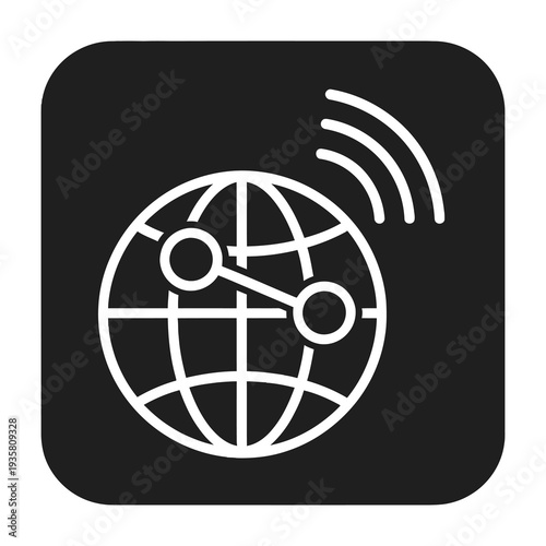 Modern global connectivity icon featuring sleek satellite signal waves radiating from a minimalist globe with precise grid lines and two circular orbit markers against a bold dark background