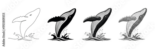 Set of four humpback whale illustrations breaching from the ocean in various graphic styles, from simple line art and silhouette to detailed stippling dotwork