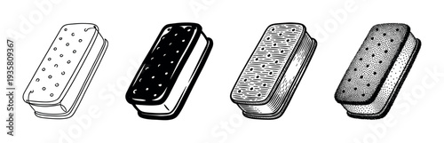 Four ice cream sandwich illustrations showing different graphic styles including line art, solid black, vintage engraving, and stippling in a black and white drawing set