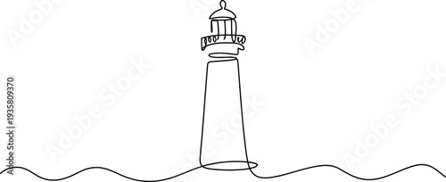 A beautiful continuous line drawing depicts a classic lighthouse standing tall amidst gentle ocean waves