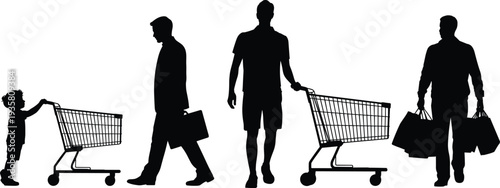 Shopping people silhouettes collection, customers with cart bags and briefcase, retail consumer lifestyle supermarket vector illustration set