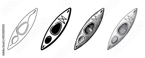 Four kayak boat illustrations in different graphic styles, showing a collection of line art, silhouette, vintage engraving, and modern stippling techniques from a top view