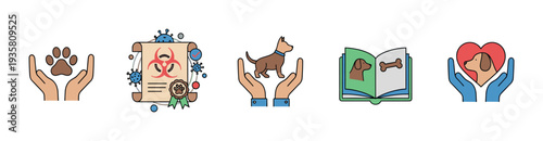 Collection of colorful line art icons representing pet care, veterinary services, animal adoption, disease control, and dog health education in a flat illustration style