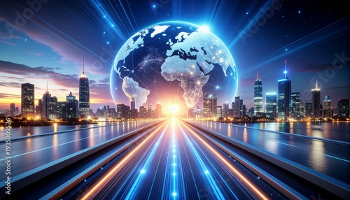 City skyline with a globe above and light streaks leading toward it over water reflecting the buildings at night