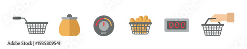 Set of deep fryer and cooking icons in a minimalist flat style, illustrating the frying process with a wire basket, oil bottle, hot gauge, digital timer, and a hand holding the equipment
