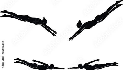 Swimming athlete silhouettes collection, female swimmer diving and freestyle poses, aquatic sport training vector illustration set