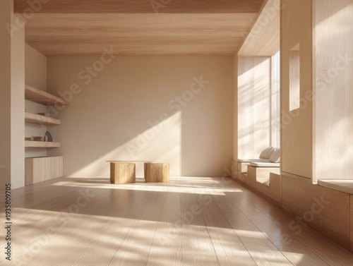 Minimalist wooden room bathed in soft natural light. Sunbeams cast gentle shadows across polished floors. Built-in shelves and seating offer serene, uncluttered space