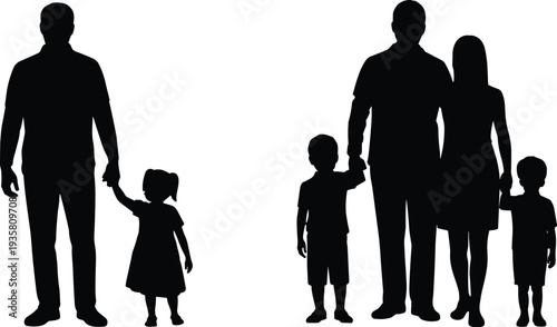 Single father with daughter and complete family with two children silhouettes, parenting concept, love, protection, family unity illustration isolated