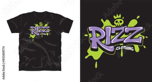 Rizz clothing graffiti t-shirt design with purple letters and green splash