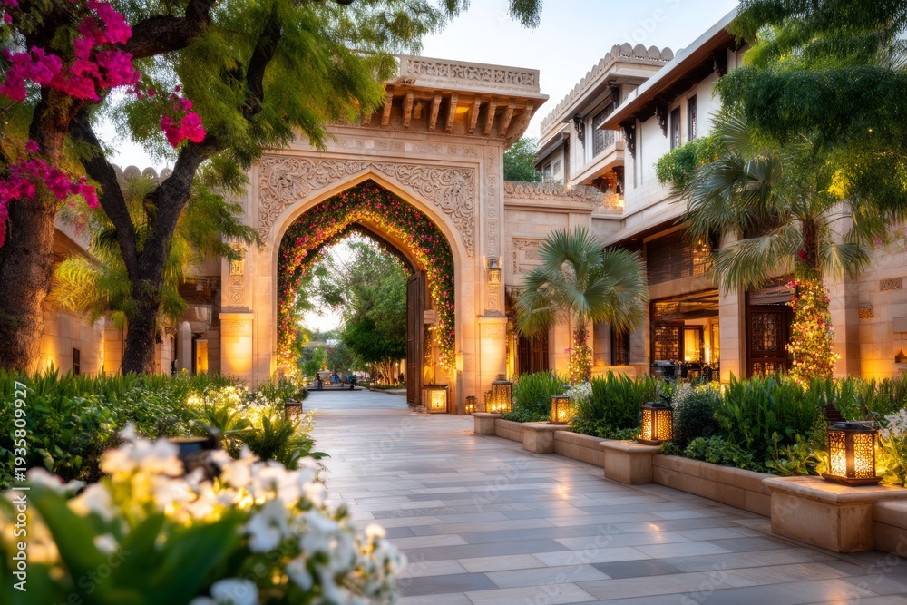 Obraz premium Ornate Royal Archway Leading into Luxurious Palace Garden at Dusk