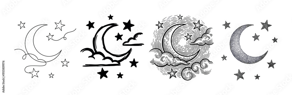 Fototapeta premium Set of four crescent moon illustrations with stars in various artistic styles including line art, sketch, engraving, and stippling, representing celestial and magical themes
