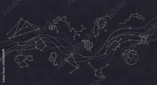 Celestial constellations and zodiac signs on a dark background.