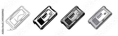 Set of four plastic food containers illustrated in different artistic styles, from minimalist continuous line and rough sketch to detailed engraving and stippling for a design concept