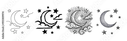 Set of four crescent moon illustrations with stars in various artistic styles including line art, sketch, engraving, and stippling, representing celestial and magical themes