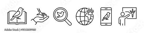 Ornithology and birdwatching line icon set showing symbols for study, research, observation, tracking, and mobile app identification in a minimalist black and white style