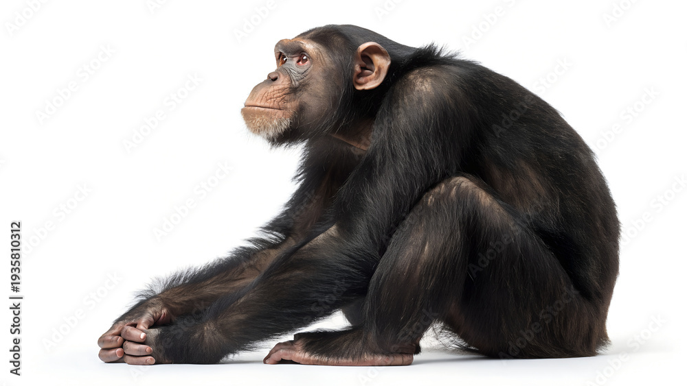 Naklejka premium Chimpanzee sitting contemplatively with thoughtful expression