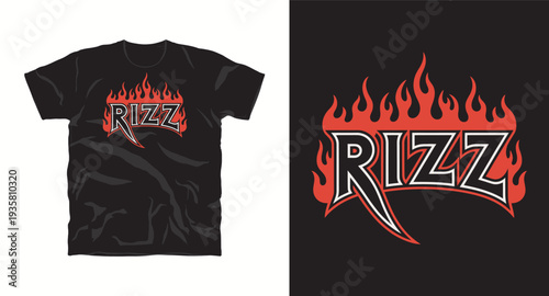 Rizz t shirt design with flames and fire