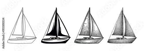 Four sailboat illustrations in different graphic styles including simple line art, a black silhouette, vintage engraving, and modern stippling, presented as a collection