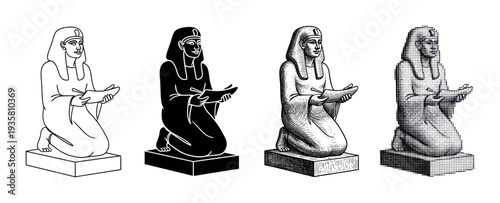 Set of four ancient Egyptian scribe statue illustrations showing a kneeling figure writing, presented in line art, silhouette, engraved, and halftone artistic styles
