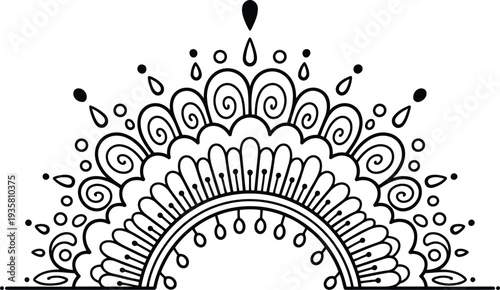 A captivating black outline half mandala design displaying intricate swirls and delicate droplet patterns