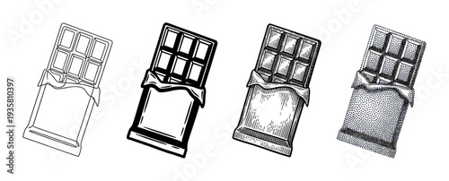 Four chocolate bar illustrations in different styles including line art, graphic, engraving, and stippling, presented as a collection of black and white vector icons for design