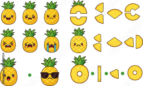 Cute Pineapple Emoji and Slice Icon Set Featuring Cartoon Pineapple Faces, Pineapple Rings and Pieces for Tropical Fruit Design and Fun Food Graphics