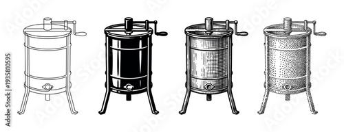 Set of four honey extractor illustrations shows different artistic styles including line art, silhouette, engraving, and stippling for beekeeping or apiary concepts