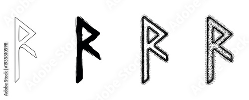 Four variations of the ancient Raido rune symbol presented in different artistic styles, including outline, solid black, hatched, and stippled for mystical or historical designs