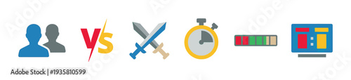 Set of colorful flat design icons representing a video game competition with players, versus symbol, swords, timer, health bar, and scoreboard for esports