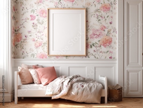 Pink floral wallpaper adorns the wall. White frame hangs above a cozy bed. Soft bedding and pillows create warmth. Wooden floor and door add charm. Natural light enhances the tranquil mood