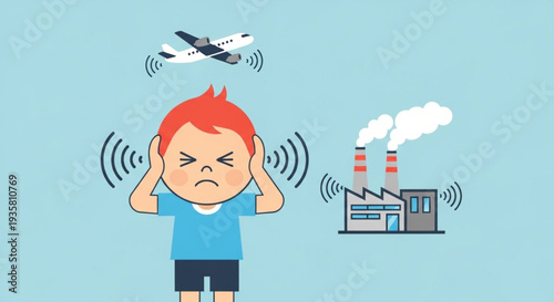 Child covering ears from loud airplane and factory noise pollution.