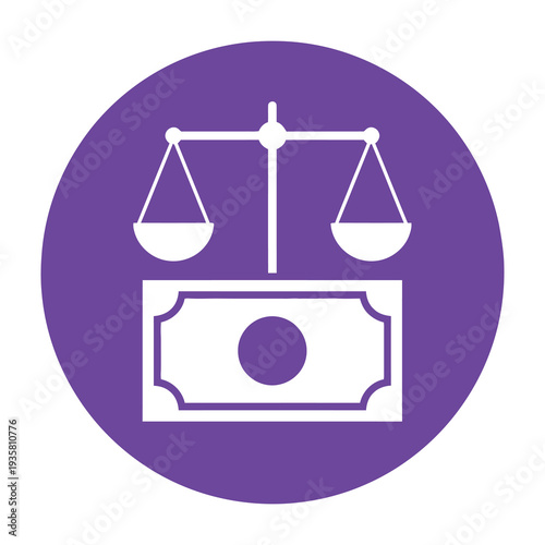 White balance scale and currency symbol on purple circle background finance and legal balance concept symbolic monetary value fairness and equity