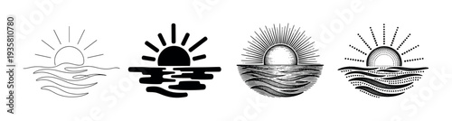Four black and white sun over sea icons showcasing different graphic techniques like simple line art, bold silhouette, detailed engraving, and modern stippling