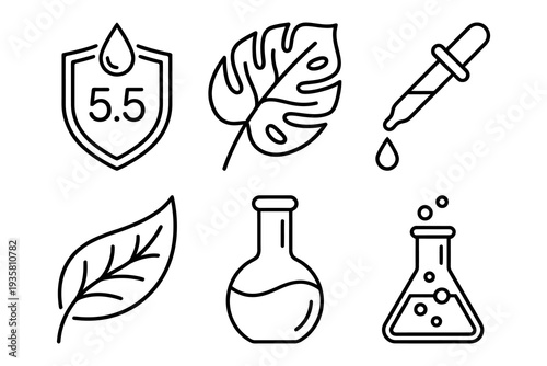 Science and Nature Icon Set: pH 5.5 Shield, Leaves, Dropper, Flasks, Pipette, Science Research