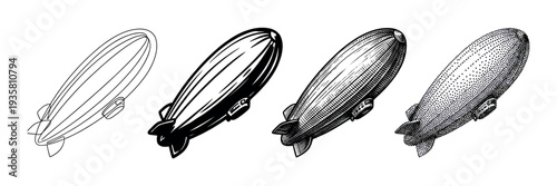 Set of four vintage airship illustrations showing the vehicle in different artistic styles from simple line art and solid black to detailed engraving and stippling