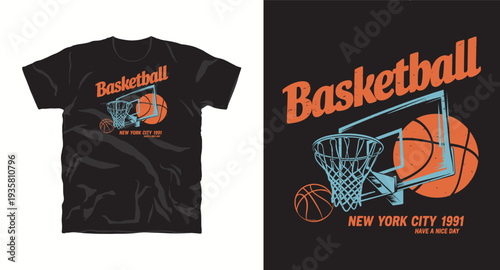 Basketball graphic design with hoop and ball, new york city 1991, retro style