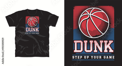Dunk basketball graphic t-shirt design with typography and sport theme