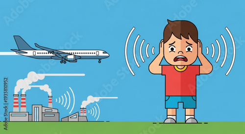 Child covering ears from loud airplane and factory noise pollution.
