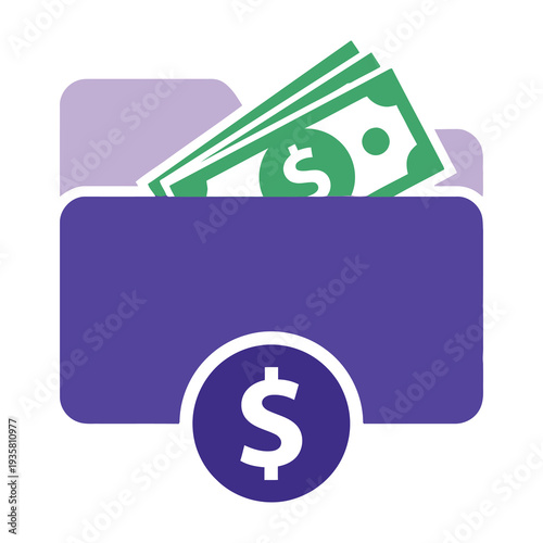 Green banknotes emerging from a vivid purple wallet with a white dollar symbol on front