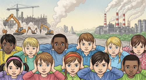 Children Covering Ears Against Industrial Pollution and Construction.