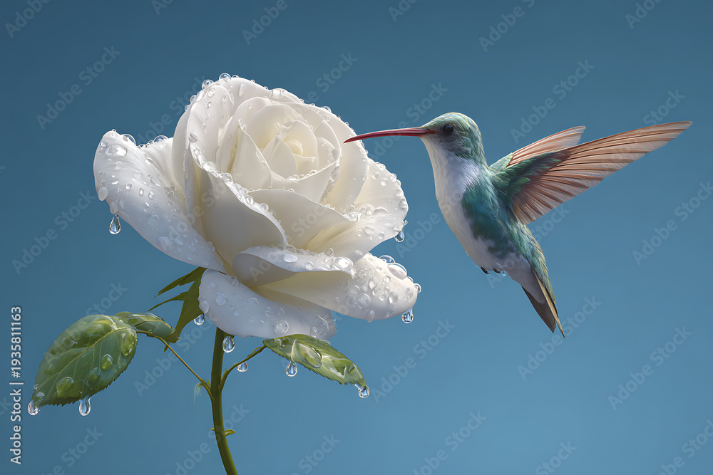 Obraz premium Vibrant hummingbird visiting a blooming white rose against a clear sky