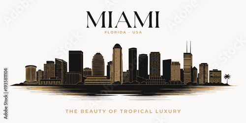 USA, US, U.S, United States - Luxury Black & Gold Miami Skyline Silhouette – Panoramic Ultra‑Wide Vector Poster Design | Florida USA Elegant Cityscape Art