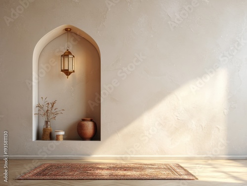 Soft sunlight hits textured wall and rug. Arched niche holds lantern and pottery. Dried plants add rustic charm. Warm tones evoke peaceful, minimalist space. Subtle shadows frame quiet interior